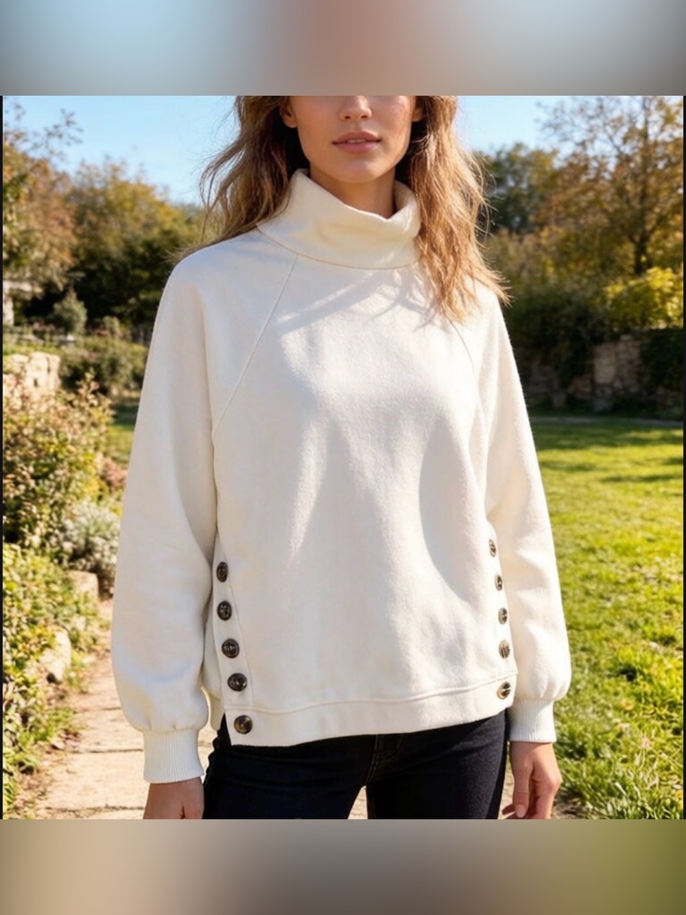 Who What Wear Cream Mockneck Sweater with Side Buttons, Size M, Like New Cond.